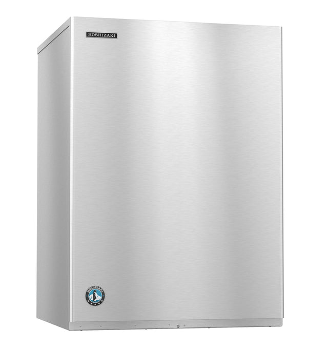 A large, rectangular, stainless steel Hoshizaki ice maker with a smooth front panel. The Hoshizaki brand logo is in the top left corner, and a round certification badge sits near the bottom left. Cube-style design offers a sleek, modern, industrial look.