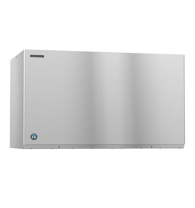 A large, rectangular stainless steel wall-mounted cabinet with a smooth, seamless front and a small blue and black brand logo at the bottom left corner—perfect for housing an ice maker that produces crescent cube ice. The surface is metallic and reflective.