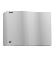 Rectangular stainless steel Hoshizaki ice maker with a smooth, reflective front. The machine produces crescent cube ice and features a blue and white penguin logo in the bottom left corner. No visible buttons or handles.