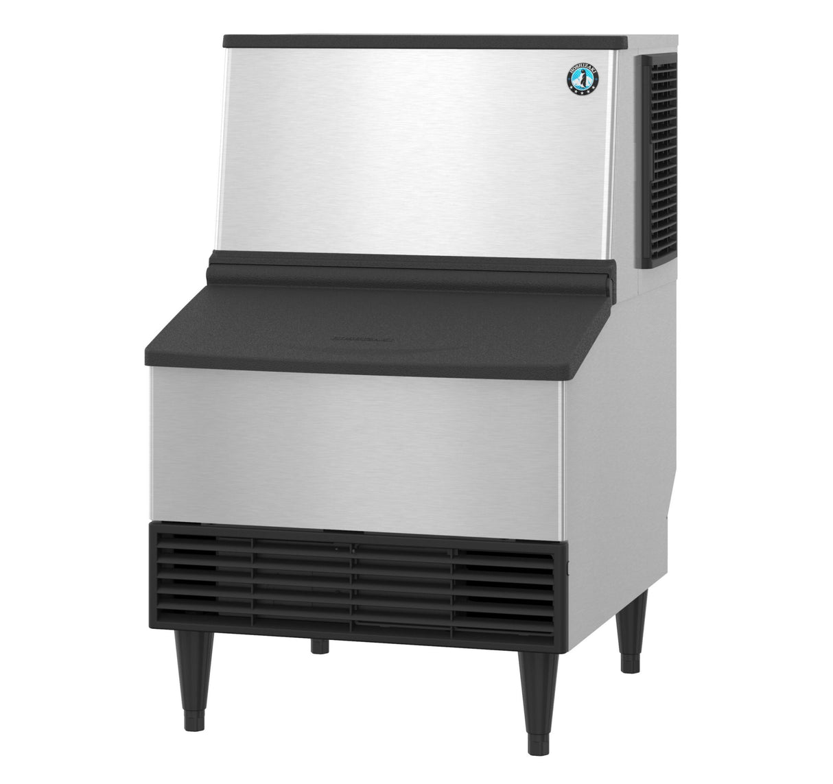 A commercial Hoshizaki stainless steel ice maker with a boxy design, black vented lower front panel, black legs, and a black plastic top lid. Features a small blue and white logo on the upper right corner and produces cube-style ice.