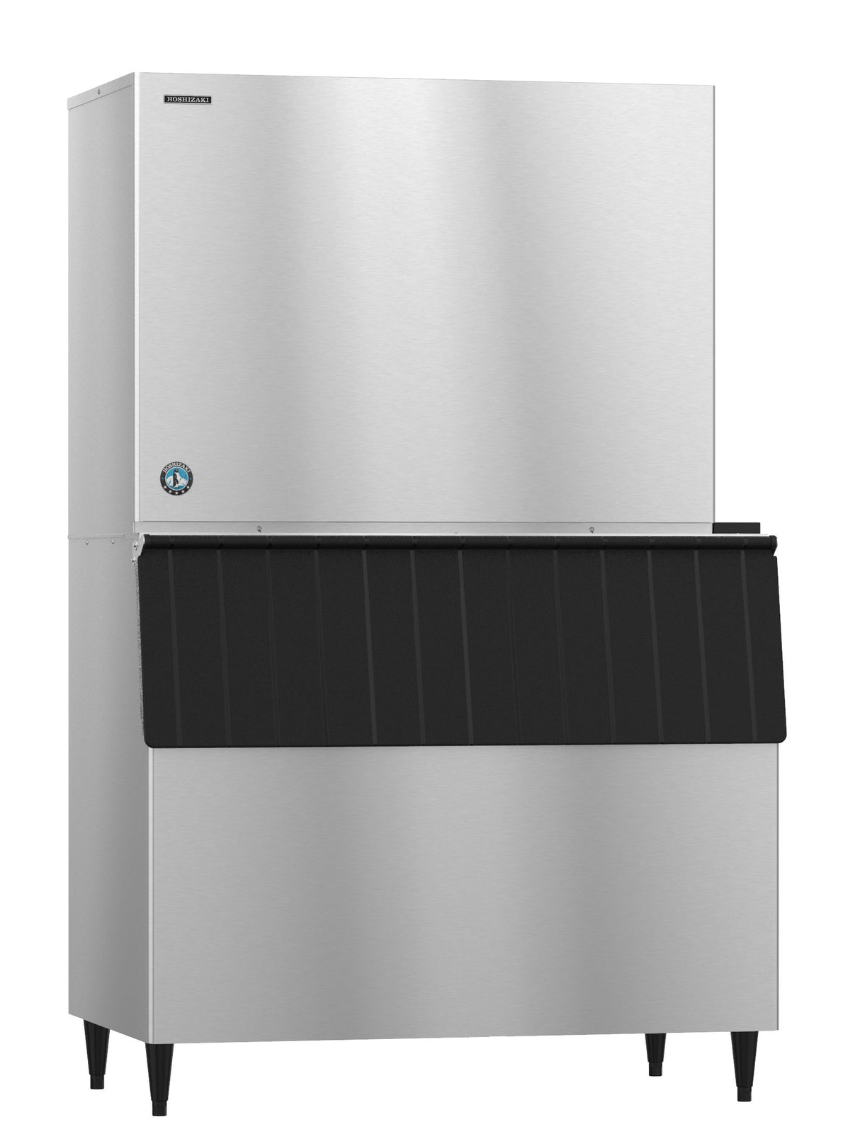 A commercial cube-style ice maker with a stainless steel exterior and a large, black, textured front bin for holding ice. The sleek, industrial design features four black legs and a small circular logo on the left front side.