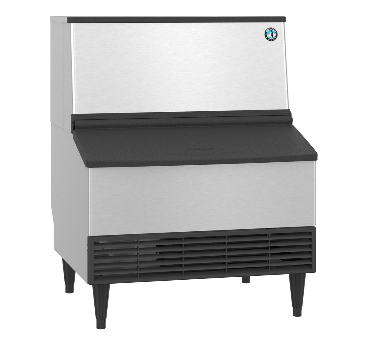 A commercial ice maker with a stainless steel finish, black top panel, vented black bottom section, and four sturdy legs. The Hoshizaki KM-301BAJ produces crescent style cube ice and features a logo at the top right corner—ideal for restaurants or large kitchens.