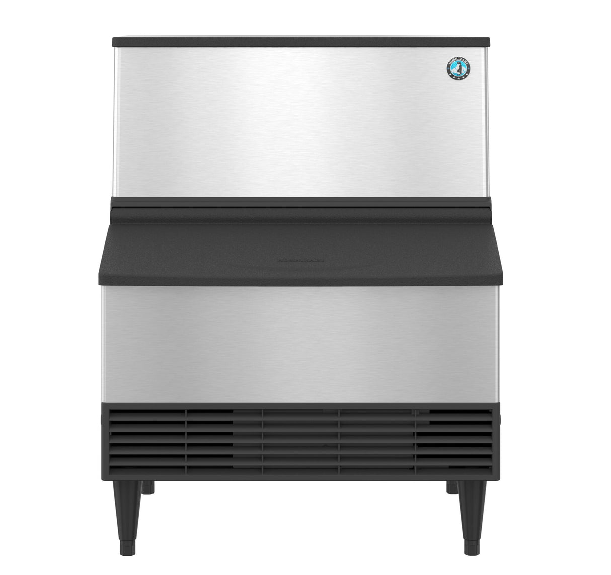 A stainless steel Hoshizaki commercial ice maker with a black top section and four black legs. Vents are visible at the bottom, and the blue and white Hoshizaki logo is on the upper right corner. Its smooth surface highlights its cube-style design.