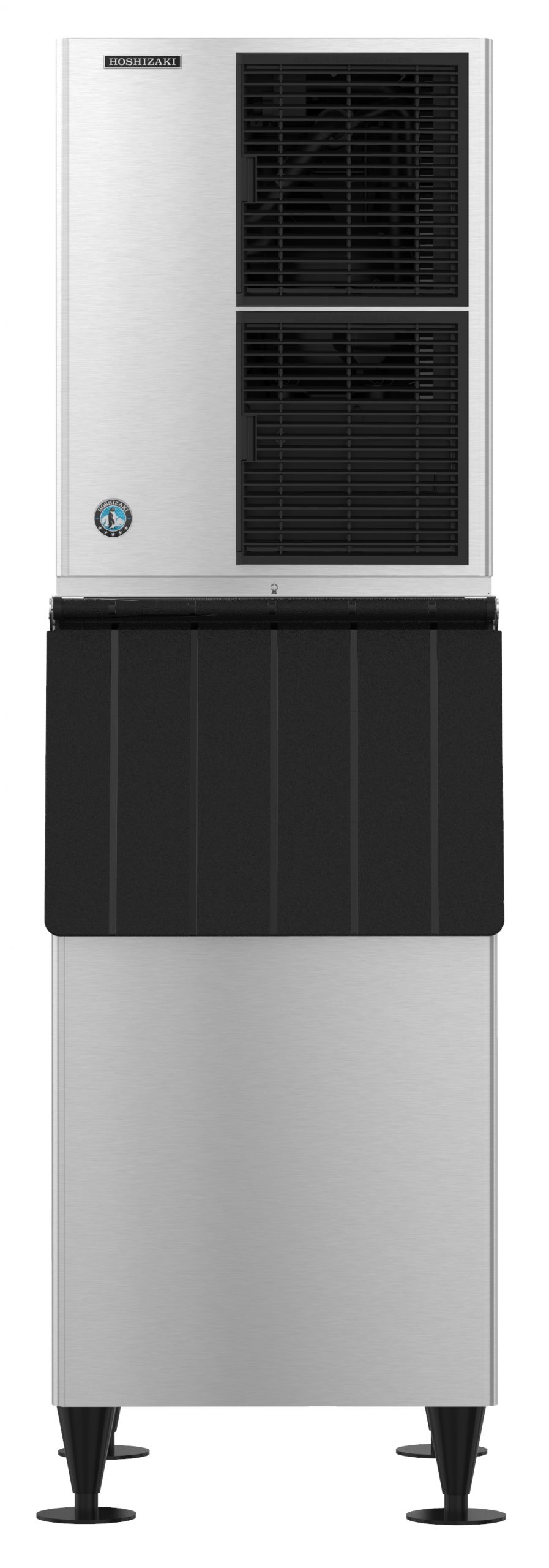 A tall, Air-Cooled commercial ice maker with a silver stainless steel body and four black legs. The upper section features two large black ventilation grilles and a small round blue logo. This unit produces Crescent Cube ice for industrial use.