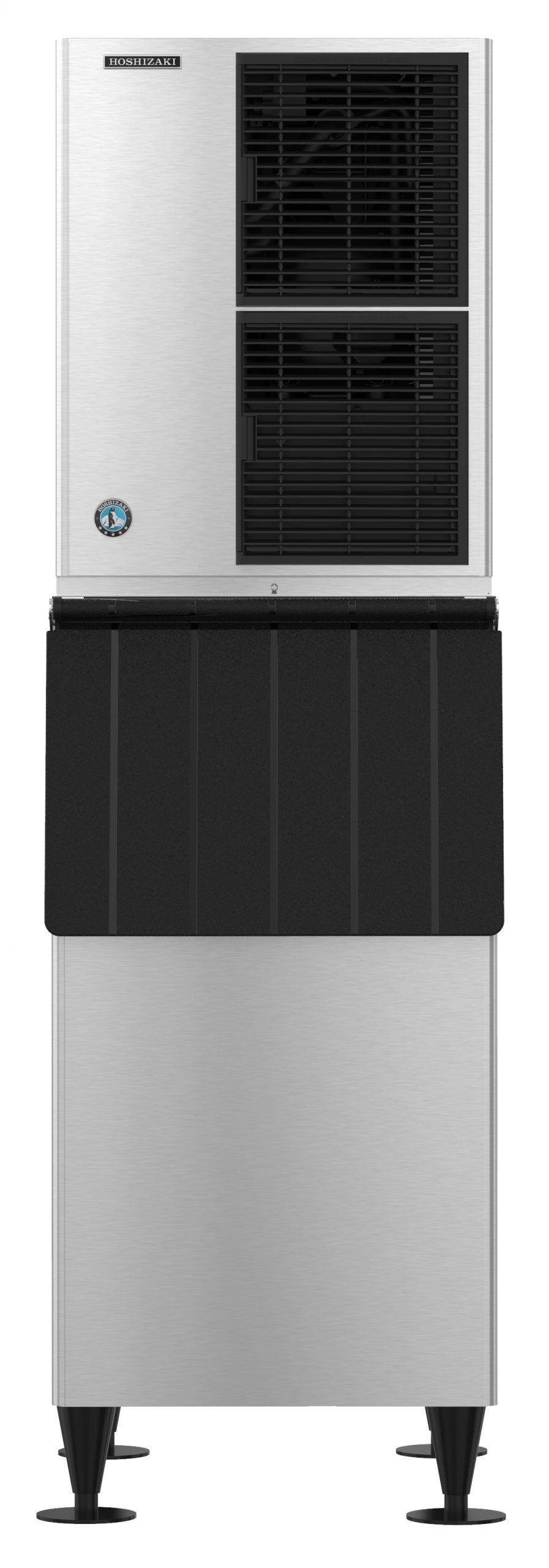 A Hoshizaki ice maker with a stainless steel body, black front vent grilles on top, a round blue indicator light, and a large black plastic bin for ice storage. It produces crescent cube ice and features sturdy black feet with a modern industrial design.