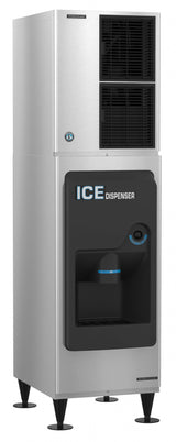 A tall, stainless steel Hoshizaki ice dispenser machine with a black dispensing area labeled “ICE DISPENSER” in bold white and blue letters. This ice maker features vents, a logo above the dispenser, and stands on four black angled legs.