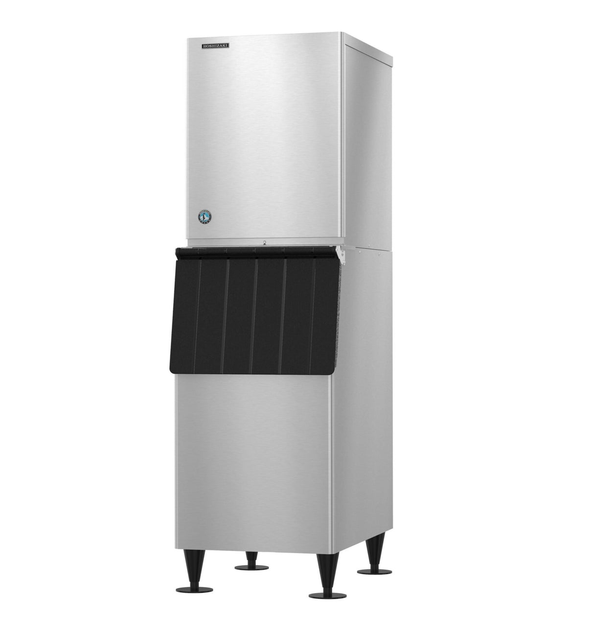 A commercial stainless steel ice maker with a boxy design, black front access panel, and four sturdy legs. The upper compartment produces crescent cube ice, while the lower part serves as the storage bin. The surface is sleek and metallic.