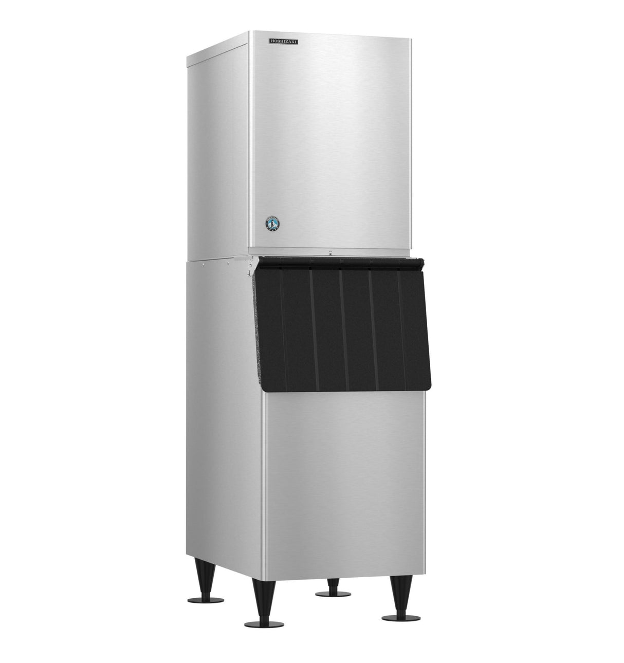 A commercial stainless steel ice maker with a tall, rectangular shape. The upper section produces crescent cube ice, while the lower part is a bin with a black slanted door. The unit stands on four adjustable legs.