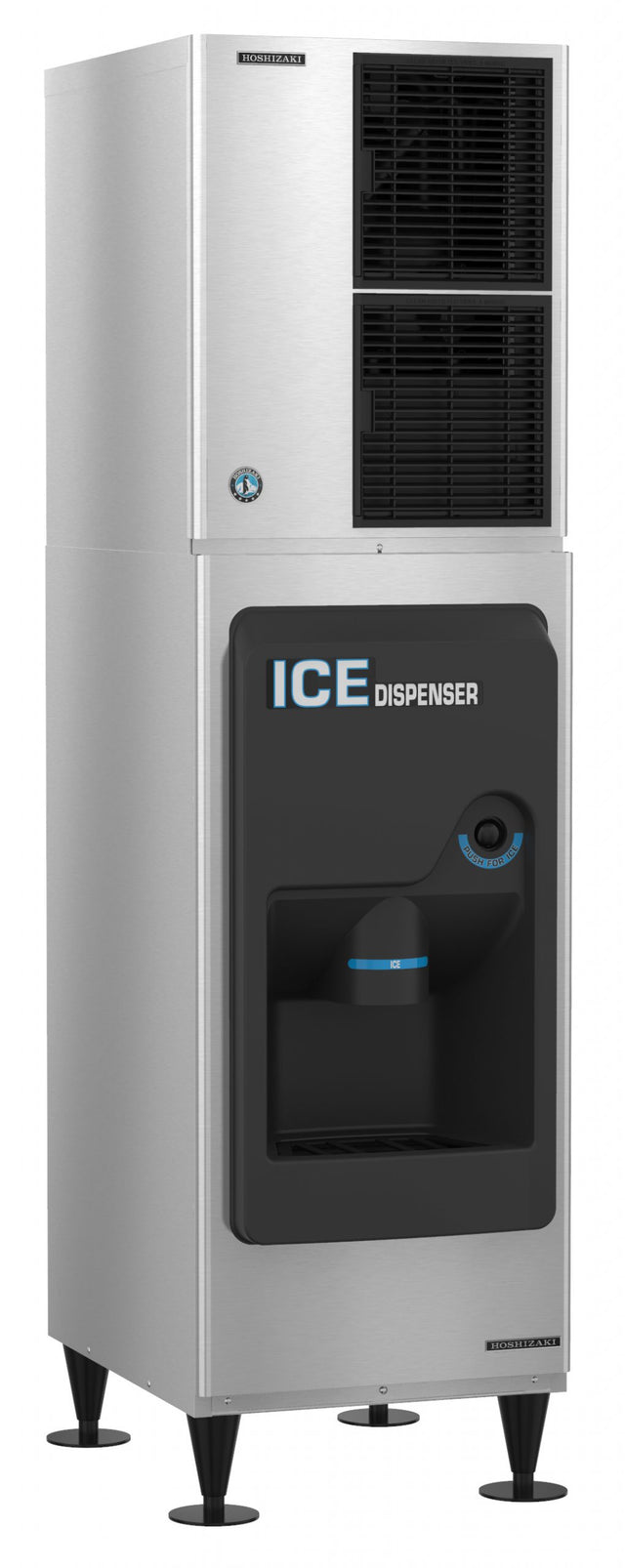 A tall, stainless steel Hoshizaki ice dispenser with black vents and a dispensing area. “ICE DISPENSER” is written in white and blue on the front. The unit produces crescent cubes and stands on four short black legs below a small blue button.