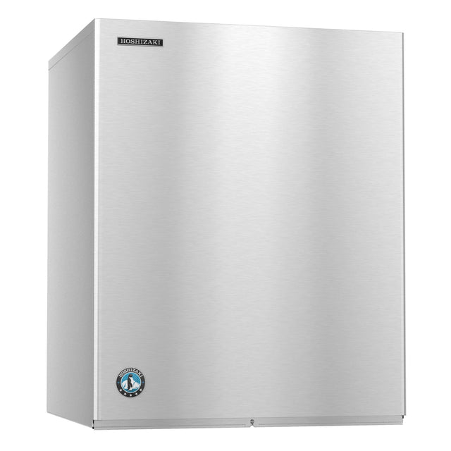 A stainless steel cube-style commercial ice maker with a smooth surface, the Hoshizaki brand label in the top left corner, and a blue Hoshizaki logo near the bottom. The plain front panel features sharp edges and a slightly reflective finish.