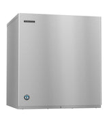 A large, rectangular Hoshizaki ice maker with a smooth front panel and no visible handles or buttons. The Hoshizaki brand logo appears on the upper left, while a blue certification sticker sits near the lower left—ideal for crescent cube production.