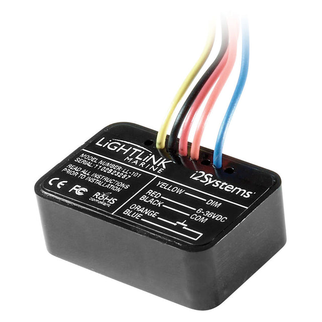 A black rectangular electronic module labeled “LightLink Marine” by i2Systems, designed for dimmer control in LED light kits, with multiple colored wires (yellow, red, black, orange, blue) and wiring instructions printed in white on the surface.