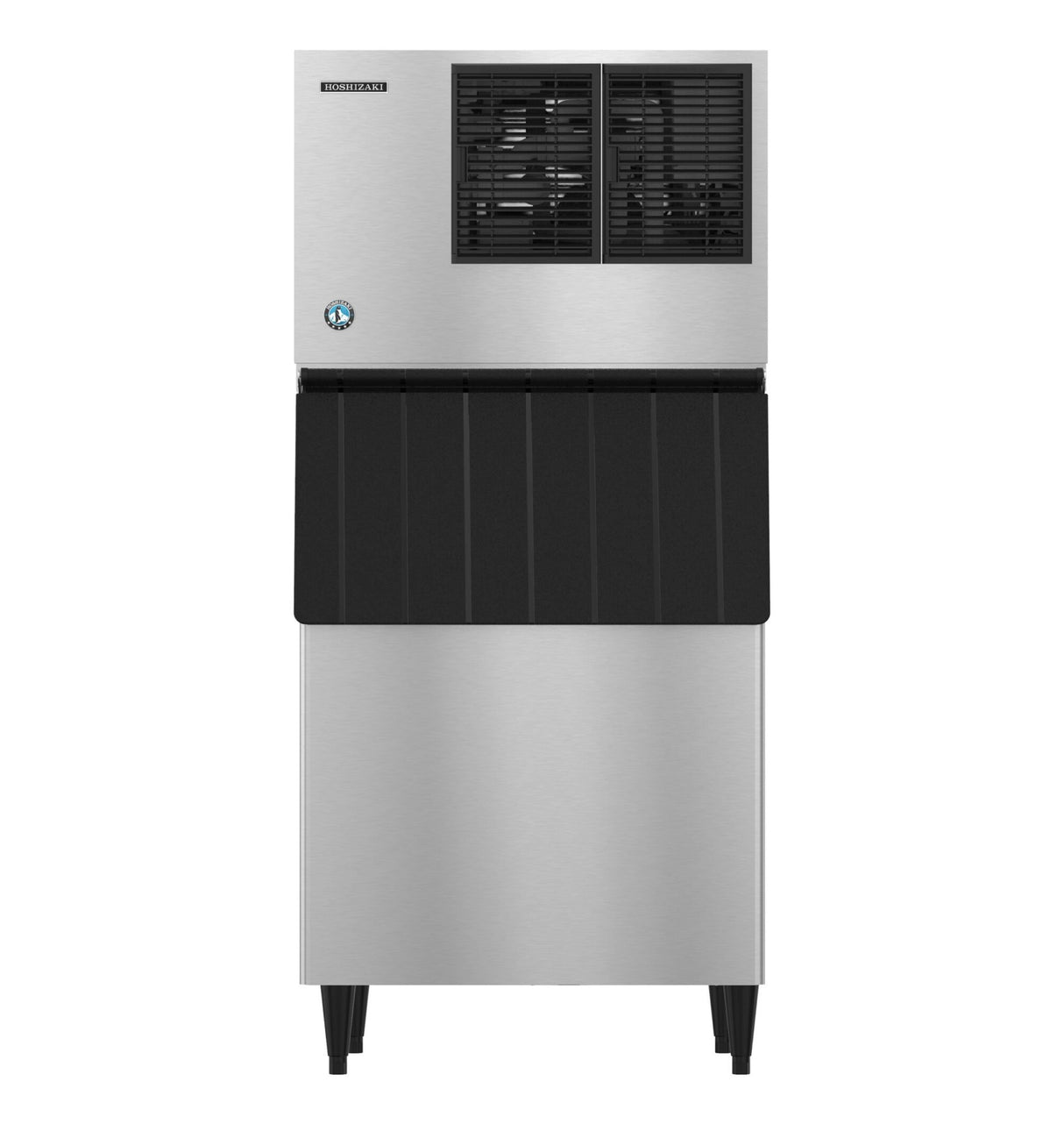 A commercial Hoshizaki stainless steel ice maker with a rectangular shape, black vented top panel, black lower door, and four black legs. This cube-style machine has a clean, industrial look and is built for high-volume ice production.