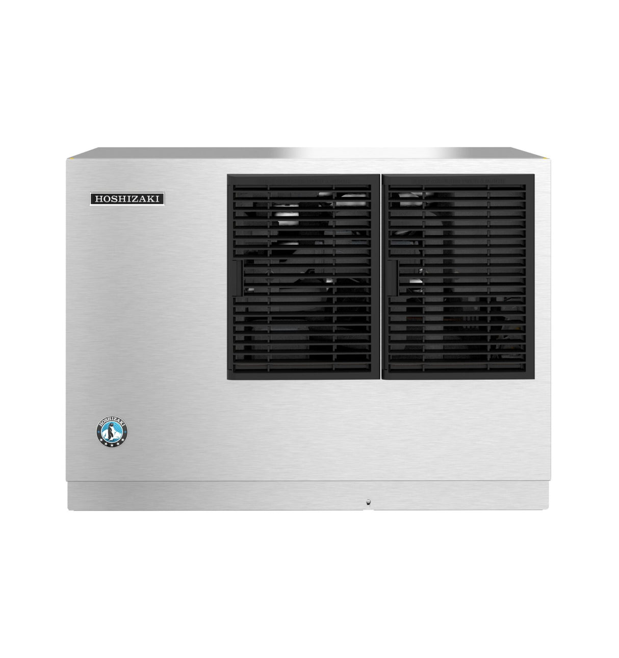 A stainless steel Hoshizaki Cube-Style Ice Maker features a rectangular shape, black front ventilation grills, a small blue and white logo on the lower left, and the Hoshizaki nameplate in the upper left corner. The background is plain white.
