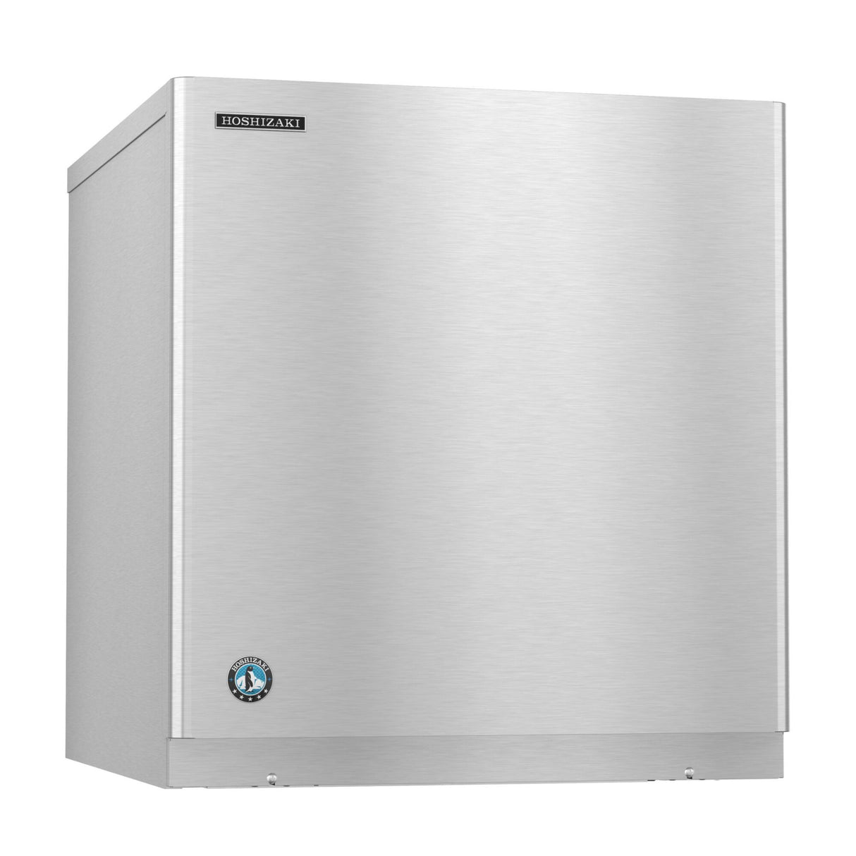 A stainless steel Cube-Style Ice Maker with a smooth, flat front panel. The Hoshizaki brand name is displayed on the top left, and a small blue and white circular logo is at the bottom left. The design is modern and minimalistic.