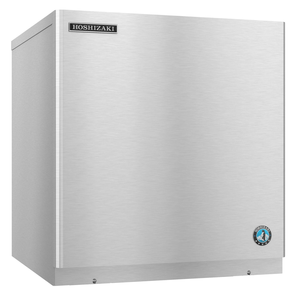 A stainless steel Hoshizaki ice maker with a plain smooth front, featuring a rectangular Hoshizaki logo at the top left and a round blue penguin emblem at the bottom right. The machine has a boxy, industrial design and produces crescent cube ice.