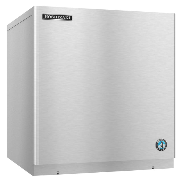 A stainless steel Hoshizaki ice maker with a plain smooth front, featuring a rectangular Hoshizaki logo at the top left and a round blue penguin emblem at the bottom right. The machine has a boxy, industrial design and produces crescent cube ice.