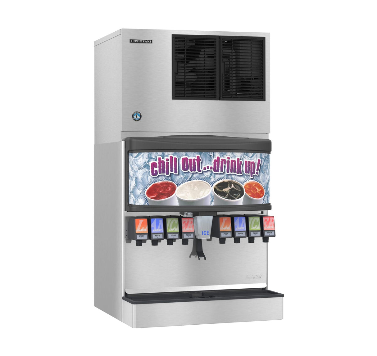 A commercial Hoshizaki soda fountain machine with multiple drink options and a crescent cube ice maker. The front displays images of various sodas, and above, a sign reads chill out...drink up! against an icy backdrop. Silver finish with colorful push levers.
