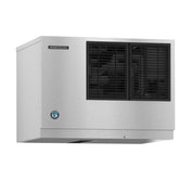 A stainless steel Hoshizaki ice maker with a rectangular shape features black vented panels, the Hoshizaki logo on the upper left, and a circular blue emblem below. This sleek machine is ideal for commercial use and creates reliable crescent cube ice.