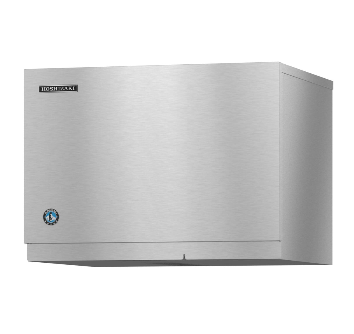 A stainless steel Hoshizaki commercial Ice Maker with a rectangular shape and smooth metallic finish. The Air-Cooled unit features the Hoshizaki logo on the upper left and a blue circular emblem on the lower left front panel.