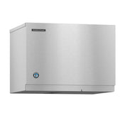 A stainless steel Hoshizaki commercial ice maker with a boxy rectangular design. This air-cooled unit features a brushed metal finish, the Hoshizaki logo at the top left, and a blue circular badge on the lower left front panel.