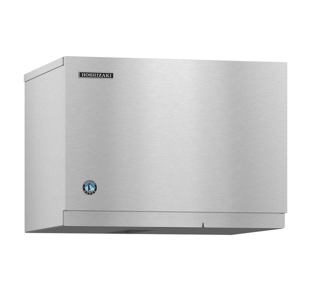 A stainless steel Hoshizaki commercial ice maker with a boxy rectangular design. This air-cooled unit features a brushed metal finish, the Hoshizaki logo at the top left, and a blue circular badge on the lower left front panel.