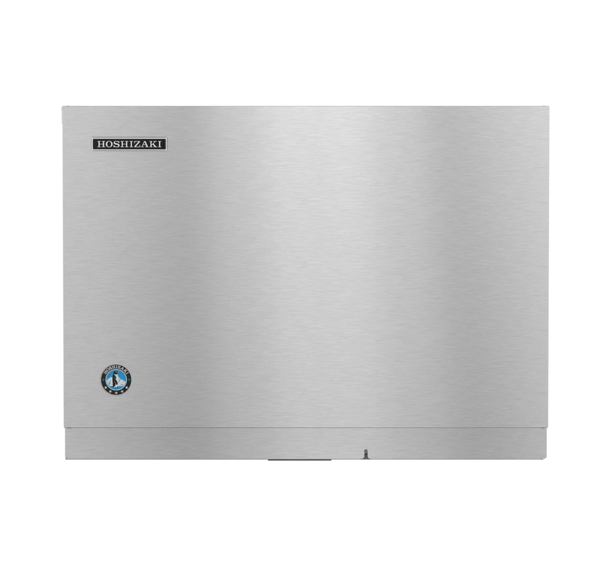A stainless steel Water-Cooled Hoshizaki ice maker with a brushed metal finish. The front features the Hoshizaki logo at the top left, a blue circular emblem at the bottom left, and produces Crescent Cube ice in a smooth, minimalist design.