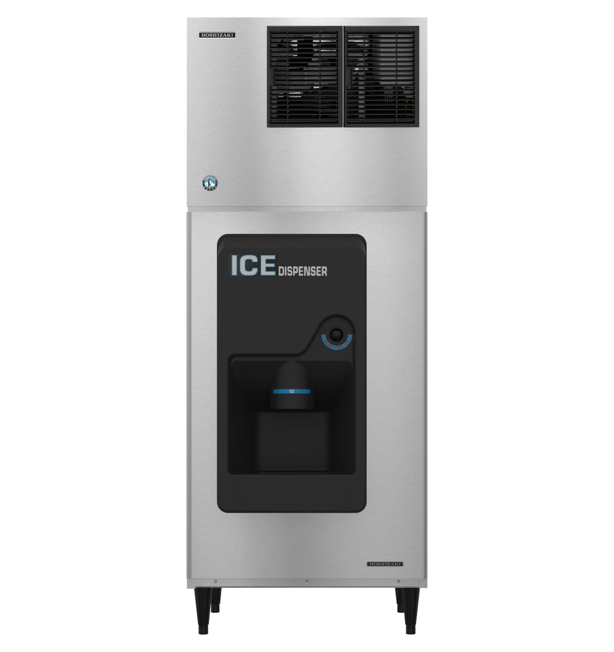 A Hoshizaki stainless steel commercial ice dispenser with black vent grilles on top and front dispensing area labeled ICE DISPENSER. The Cube-Style ice maker stands on four legs, featuring a sensor or button and a catch tray below.