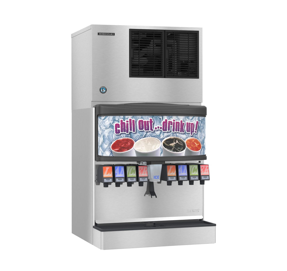 A commercial soda fountain machine with eight drink dispensers and a cube-style ice maker below. The stainless steel exterior features a sign with colorful sodas and “chill out...drink up!” in bold purple and white letters. Ideal for Hoshizaki systems.