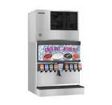 A commercial soda fountain machine with eight drink dispensers and a cube-style ice maker below. The stainless steel exterior features a sign with colorful sodas and “chill out...drink up!” in bold purple and white letters. Ideal for Hoshizaki systems.
