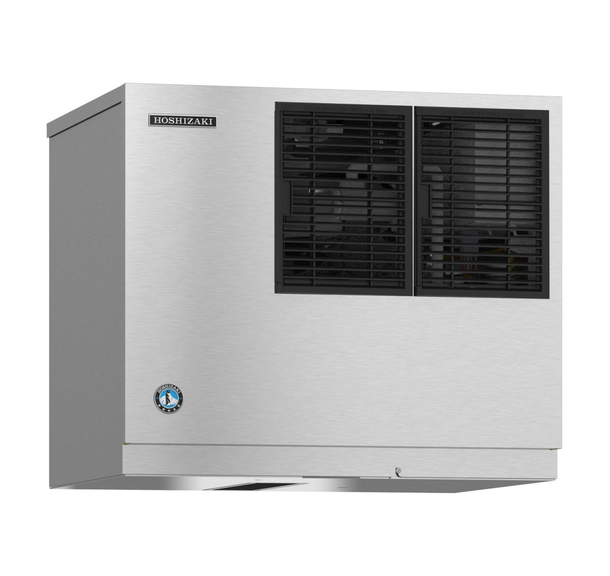A stainless steel Hoshizaki Cube-Style Ice Maker with two black vented panels on the front. The rectangular unit is wall-mounted and features a branded logo and a certification sticker on the lower left corner.