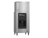 A commercial ice dispenser with a tall, rectangular stainless steel body features a black dispensing area labeled “ICE DISPENSER” and a blue button. This sleek, industrial machine includes an Ice Maker in the top compartment for efficient ice storage.