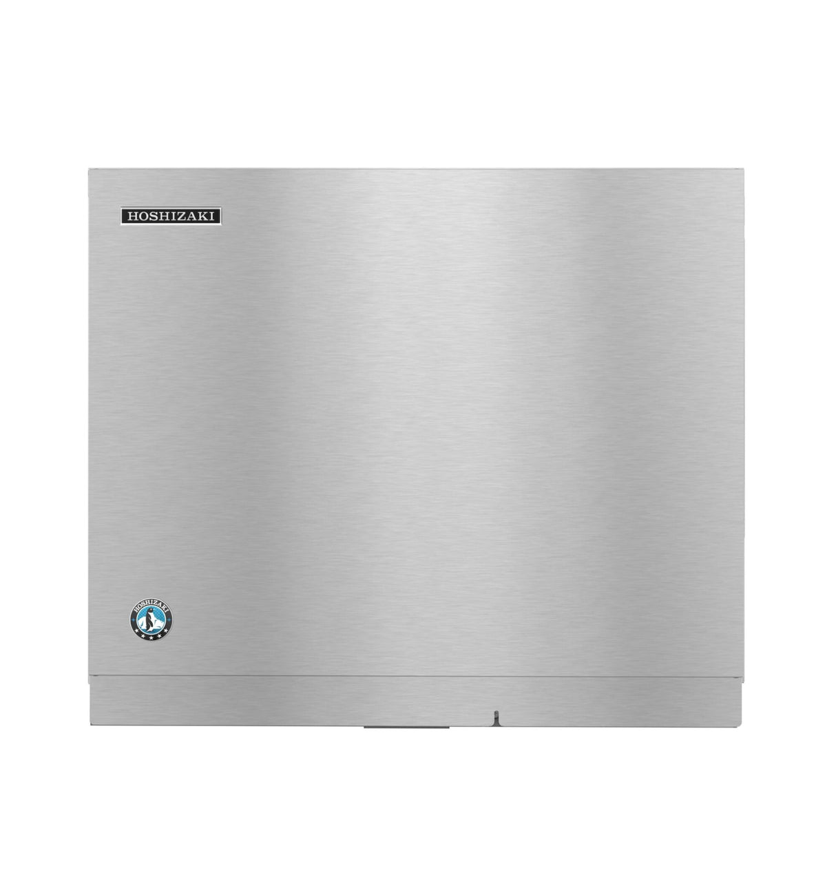 A front view of a Hoshizaki commercial ice maker with a sleek, stainless steel exterior features a small circular blue logo and black Hoshizaki label. This minimalist, modern unit produces crescent cube ice and can be paired with a remote condenser.