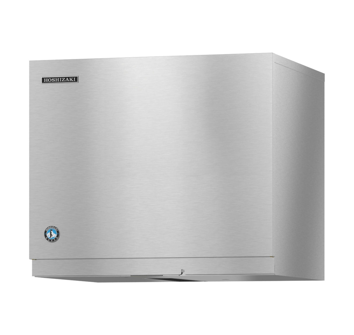 A stainless steel Hoshizaki Cube-Style Ice Maker with a rectangular shape, brushed metal finish, and the Hoshizaki logo in the top left corner. The flat front panel features a small round logo near the bottom left and an ice dispensing slot below.