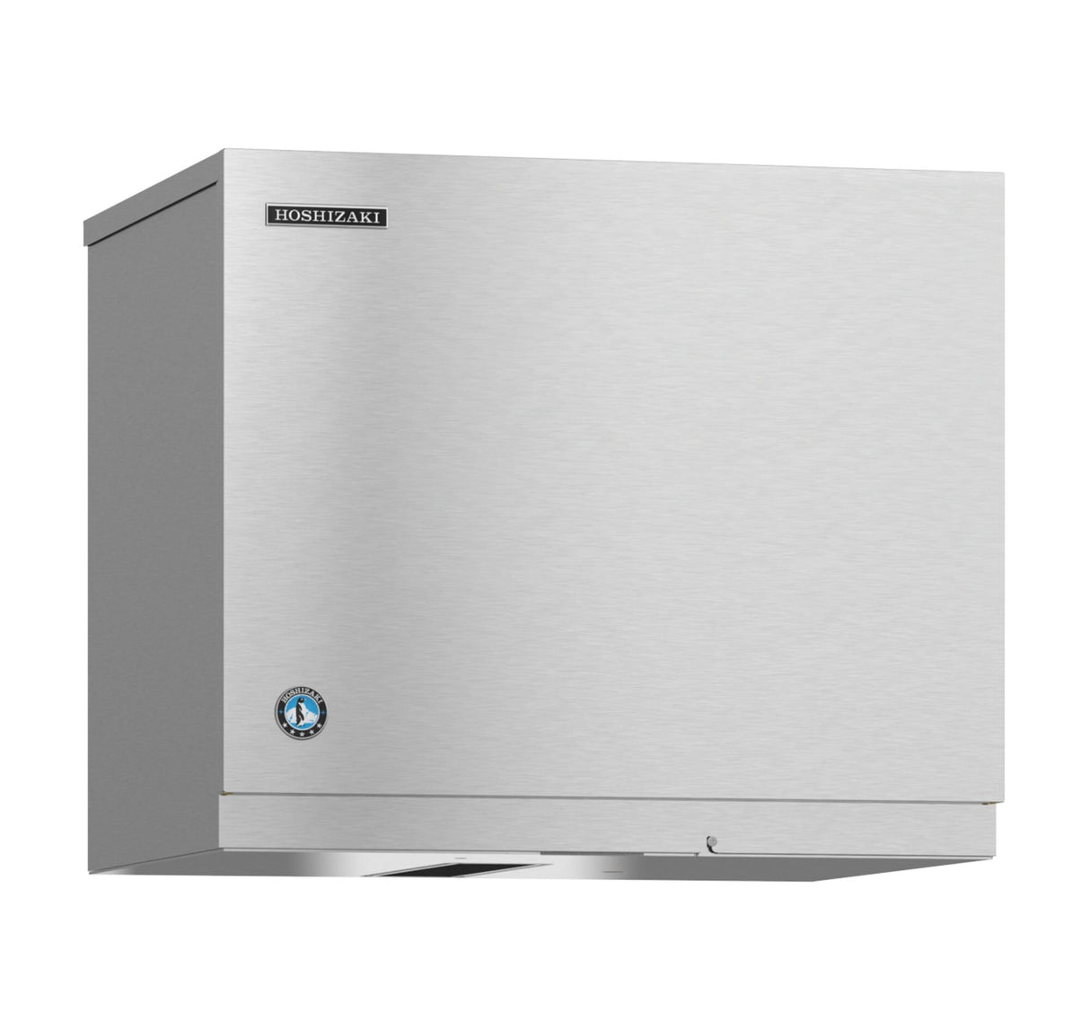 A stainless steel Hoshizaki Cube-Style ice maker with a boxy, rectangular design. The smooth, brushed metal finish features a small logo and blue certification badge on the front panel. The unit is set against a plain white background.