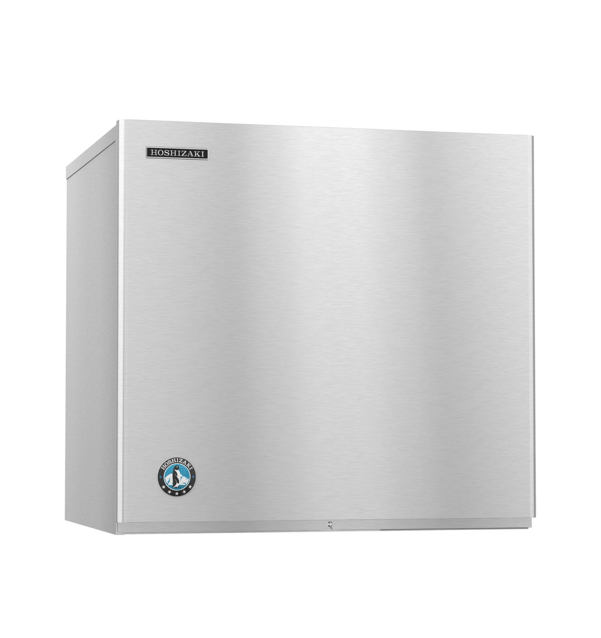 A stainless steel commercial ice maker with a minimalist, rectangular design. The machine features a Hoshizaki logo on the upper left and a blue circular certification sticker on the bottom left, producing Crescent Cube ice.