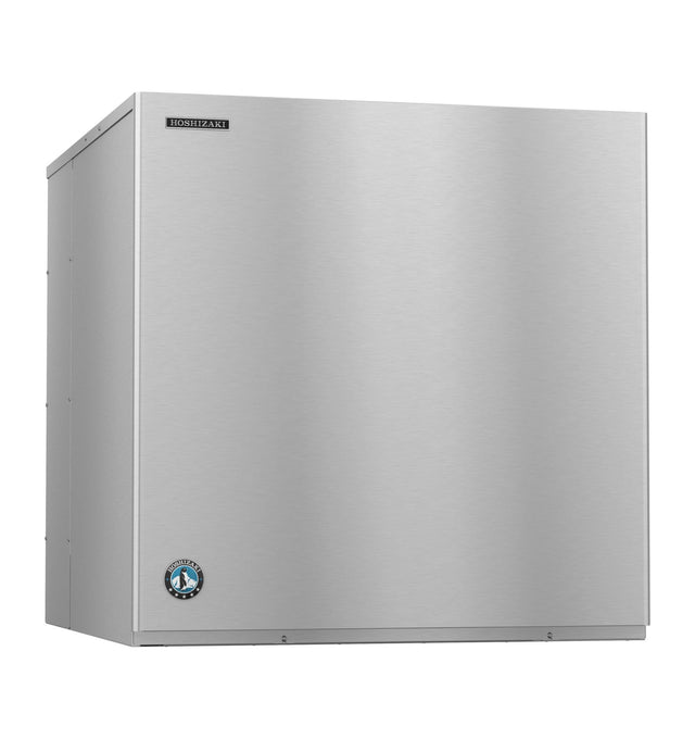 A large, rectangular Hoshizaki commercial ice maker with smooth stainless steel surfaces and sharp edges. The front displays the Hoshizaki logo in the upper left and a blue crescent cube emblem below, creating a modern, industrial look.