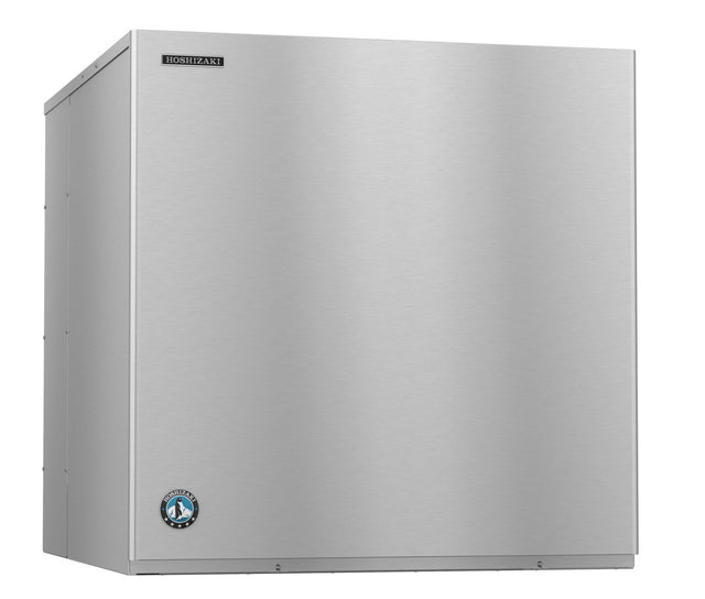 A cube-style Hoshizaki Ice Maker with a rectangular stainless steel body and smooth metal surface features the Hoshizaki logo on the upper left and blue emblem on the lower left, set against a plain white background.