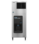 The Hoshizaki Ice Dispenser features a stainless steel body, black dispensing area, and 200-lb. storage capacity. Labeled ICE DISPENSER on the front, it stands on four black legs with a vented top section against a plain white background.