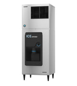 A tall, stainless steel Hoshizaki Ice Dispenser with black vents on top and a 200-lb. storage capacity. It features a black dispensing area with a blue push button, modern design, and stands on four black legs for stability.