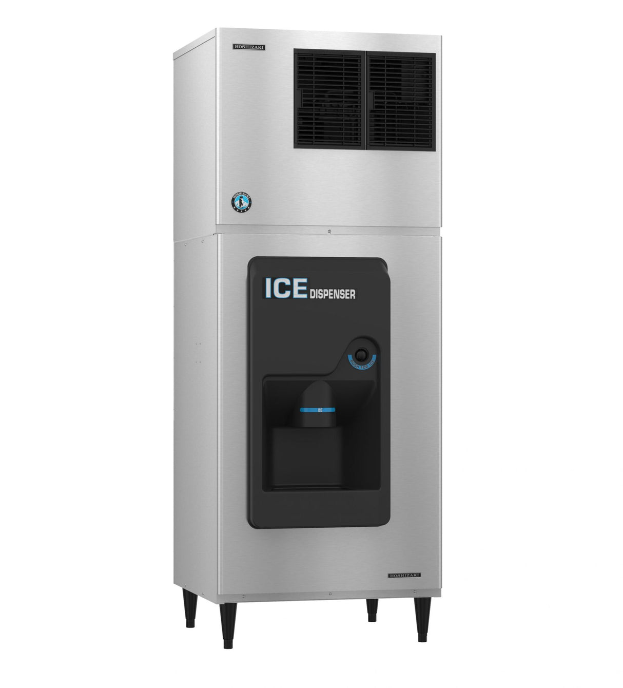 A tall, stainless steel Hoshizaki Ice Dispenser with 200-lb. storage features a black dispensing area labeled ICE DISPENSER in white and blue. The top has ventilation grilles, and the unit stands on four black legs against a white background.