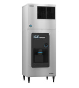 A tall, stainless steel Hoshizaki Ice Dispenser with 200-lb. storage features a black dispensing area labeled ICE DISPENSER in white and blue. The top has ventilation grilles, and the unit stands on four black legs against a white background.