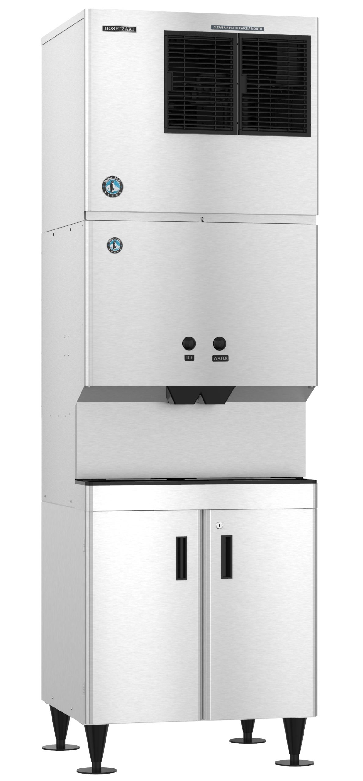 The Hoshizaki DM-200B Ice & Water Dispenser features a 200-lb ice capacity, black vents at the top, two push levers labeled “ICE” and “WATER,” double cabinet doors, and four black legs—all set against a white background.