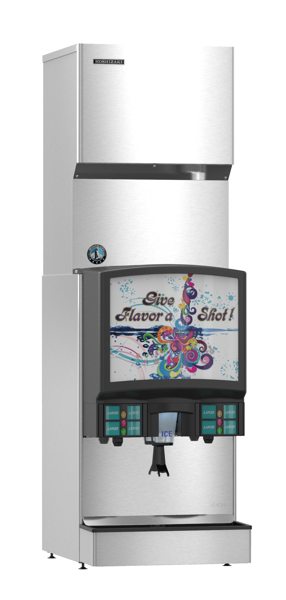 A stainless steel soda fountain machine with a colorful display reading “Give Flavor a Shot!” and decorative splashes. Featuring beverage dispensers, an ice dispenser offering crescent cube ice, and a drink nozzle, it stands against a white background.