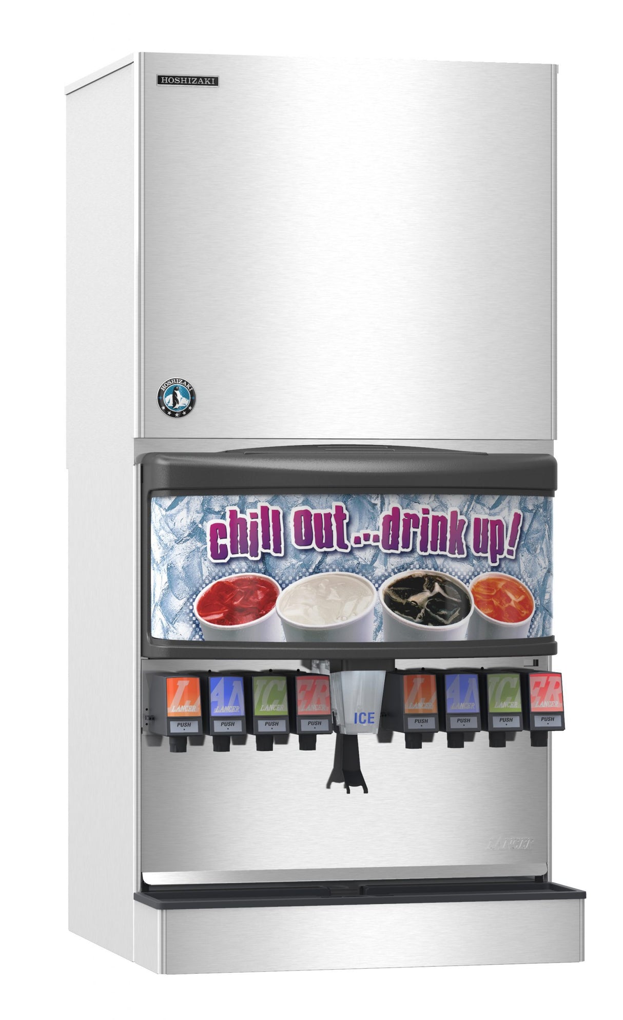 A silver Hoshizaki soda fountain machine with a sign reading chill Out... drink up! sits above images of cold drinks. Below, multiple labeled levers dispense soft drinks and a Cube-style Serenity Ice Maker is featured in the center.