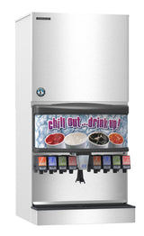 A silver Hoshizaki soda fountain machine with a sign reading chill Out... drink up! sits above images of cold drinks. Below, multiple labeled levers dispense soft drinks and a Cube-style Serenity Ice Maker is featured in the center.