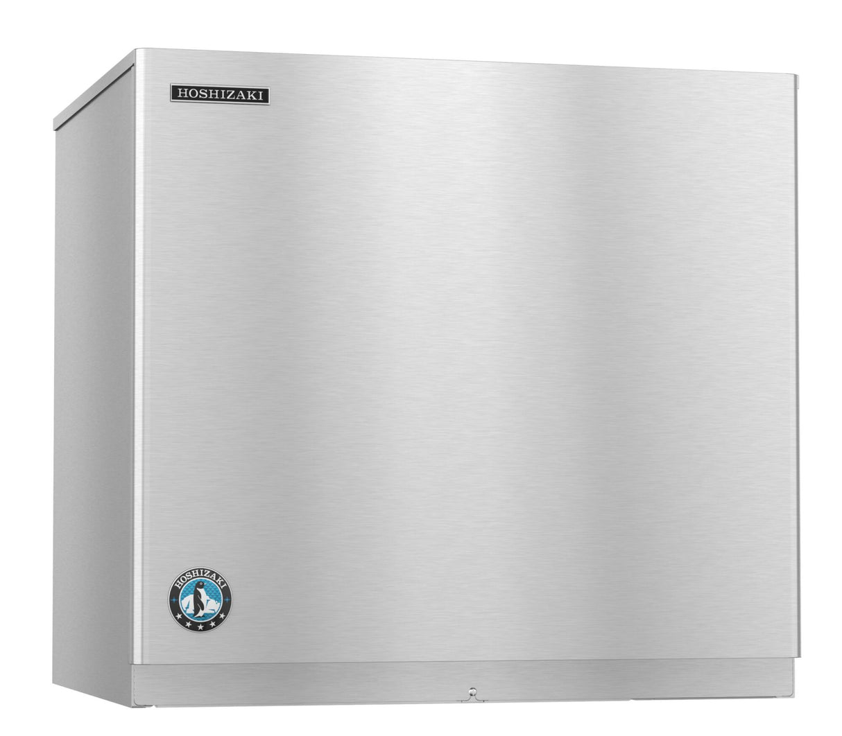 A stainless steel Hoshizaki Serenity Ice Maker with a sleek, boxy design. The cube-style machine features a brushed metal finish, logo on the top left, and a blue circular emblem near the bottom, highlighting its industrial appeal.