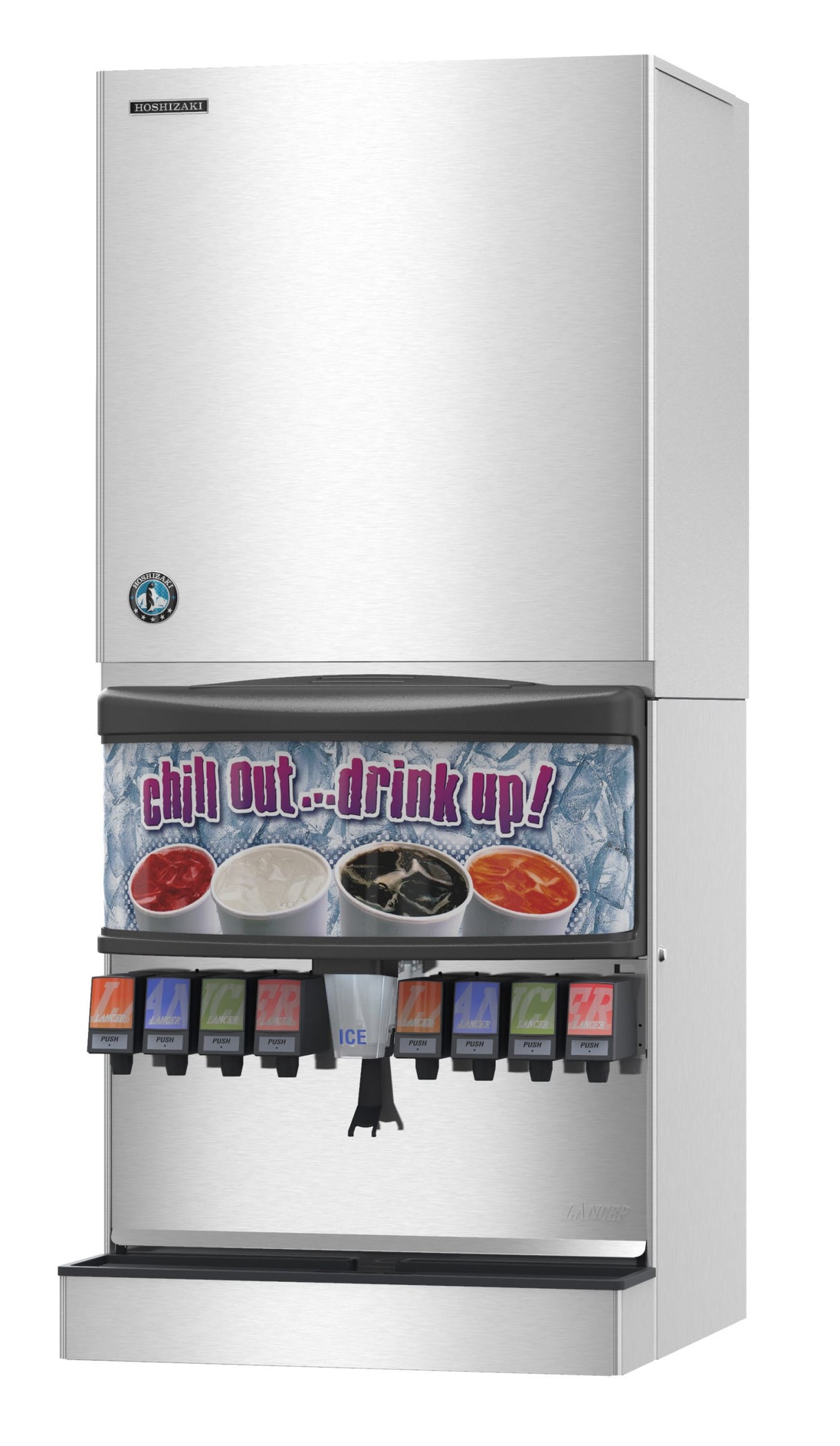 A stainless steel soda fountain machine with eight drink dispensers and an air-cooled ice chute in the center, under a colorful “chill Out… drink up!” banner with images of soda, crescent cube ice, and cups in the background.