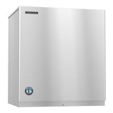 A stainless steel Hoshizaki Serenity Ice Maker with a rectangular, boxy shape. The air-cooled machine features the brand name on the upper left and a blue circular logo near the bottom. Its smooth, clean surface is highly reflective.