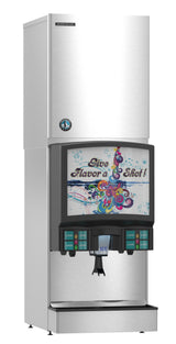 A tall, free-standing stainless steel soda fountain machine with colorful Give Flavor a Shot! art. Featuring multiple drink selection buttons, an ice dispenser with crescent cube options, and a cup under the nozzle—an ideal addition to any beverage dispensers lineup.